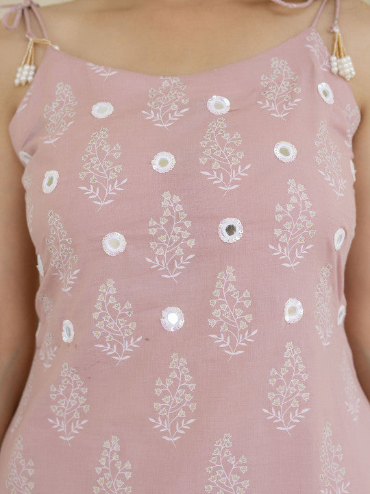 Pink & White Floral Printed Kurta with Pyjama & Dupatta – Cotton, Straight Fit, Sleeveless, Women’s Ethnic Set