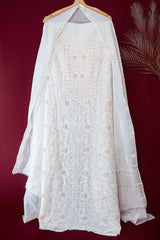 Off White Unstitched Lucknowi Chikankari 2-Piece Kurta Dupatta Set | Mal Chanderi | Chana Patti & Ghas Patti Embroidery | Bail & Buti Sleeves