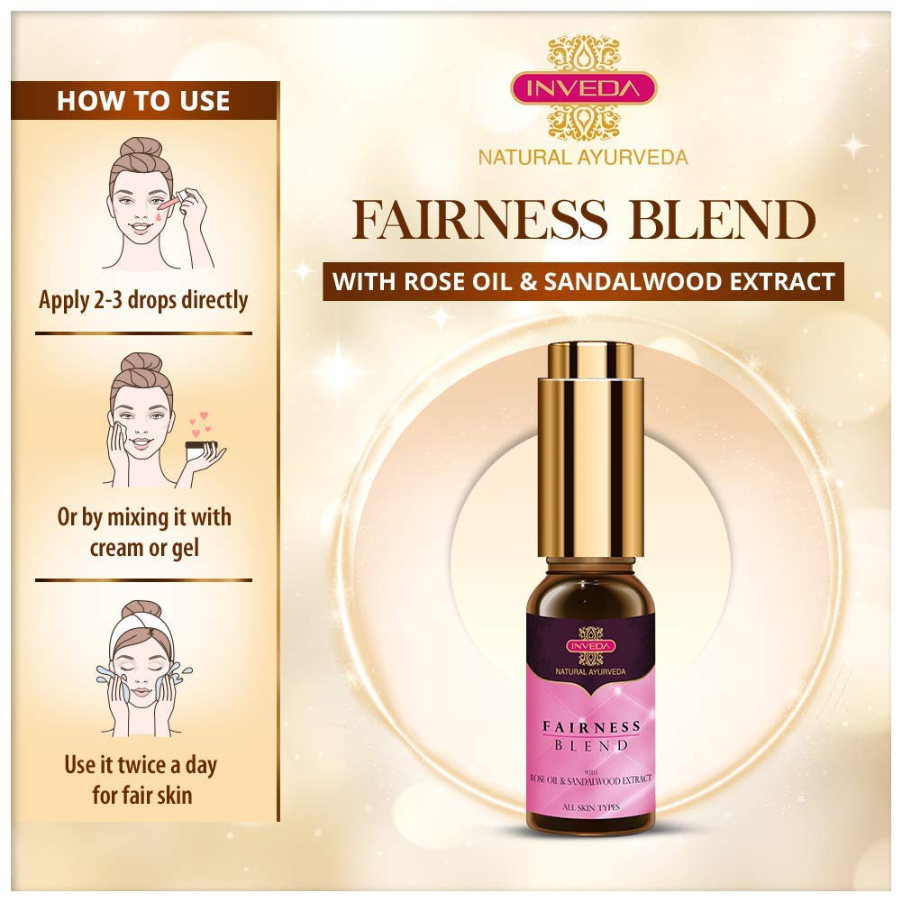 Inveda Fairness Blend, Reduces Fine Lines and Improves Skin Texture with Sweet Almond Oil, Rose Oil, Santal Core for Fair Skin & Clear Complexion, 10ml