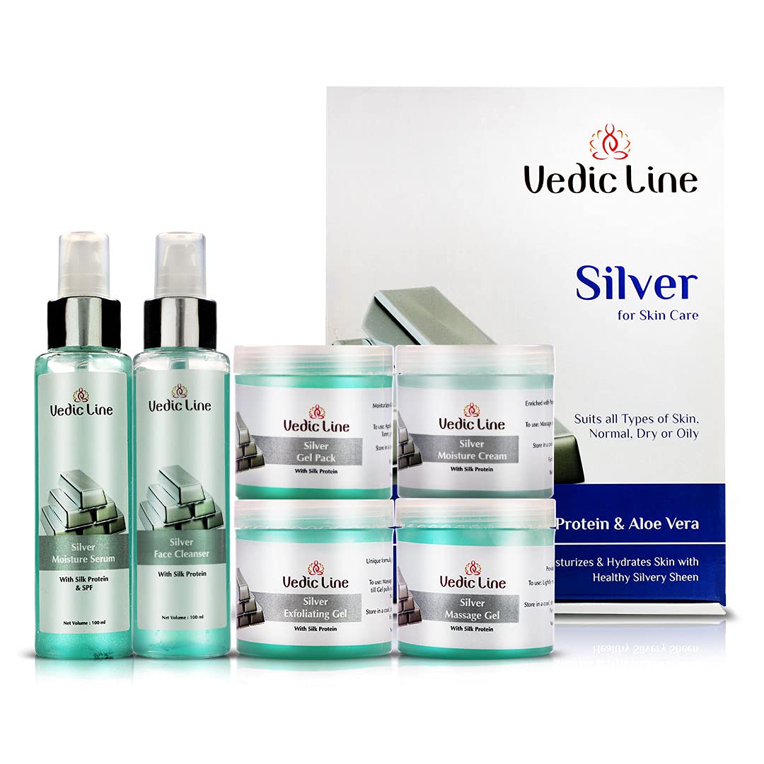 Vedic Line Silver Facial Kit, Reduce Dead Cells, Impurities & Blackhead with Goodness of Silk Proteins ,Aloe Vera for Glowing Skin, 600ml