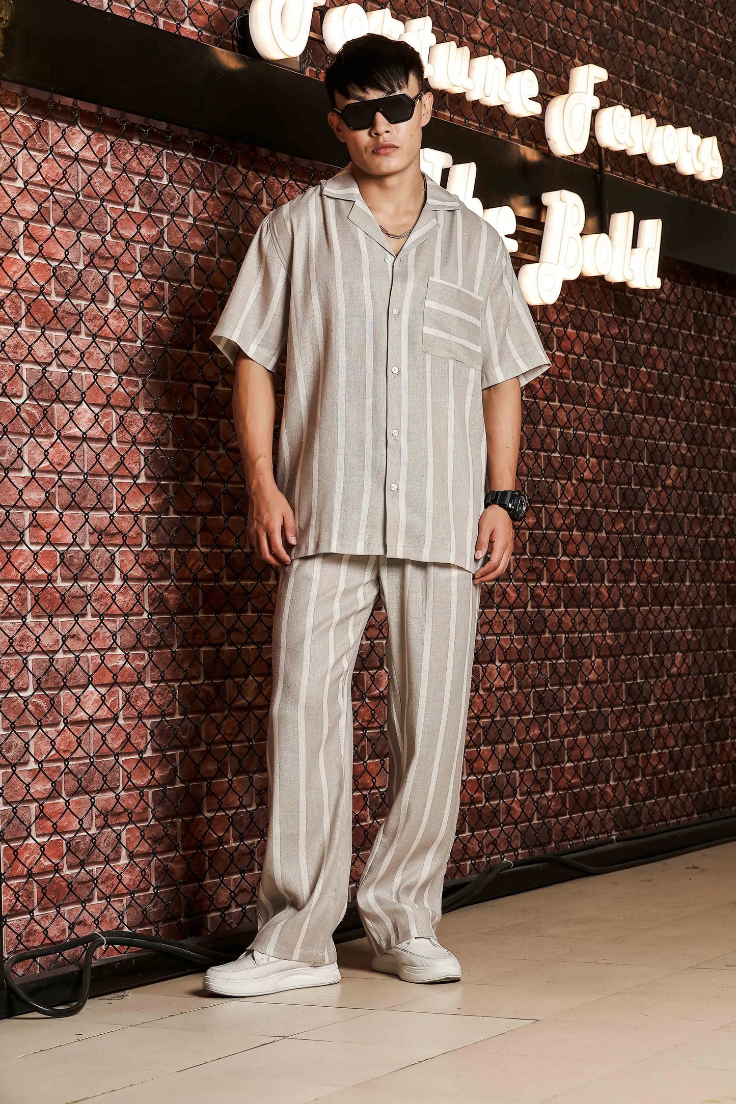 S2F Beige & White Striped Linen Blend Gurkha Trousers