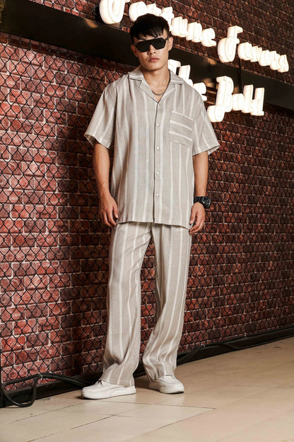 S2F Beige & White Striped Linen Blend Gurkha Trousers