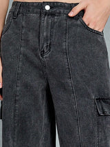 Men’s Dark Black No-Fade Relaxed-Fit Cropped Jeans – Cotton Lycra Blend, Low-Rise, 6-Pocket