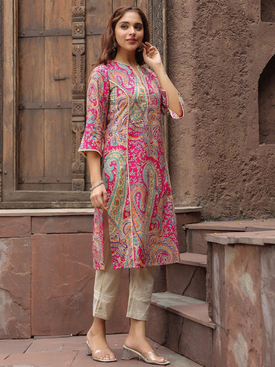 Pink, White & Green Paisley Printed A-Line Kurta – Viscose Rayon, Knee-Length, 3/4 Flared Sleeve, Women’s Ethnic Wear