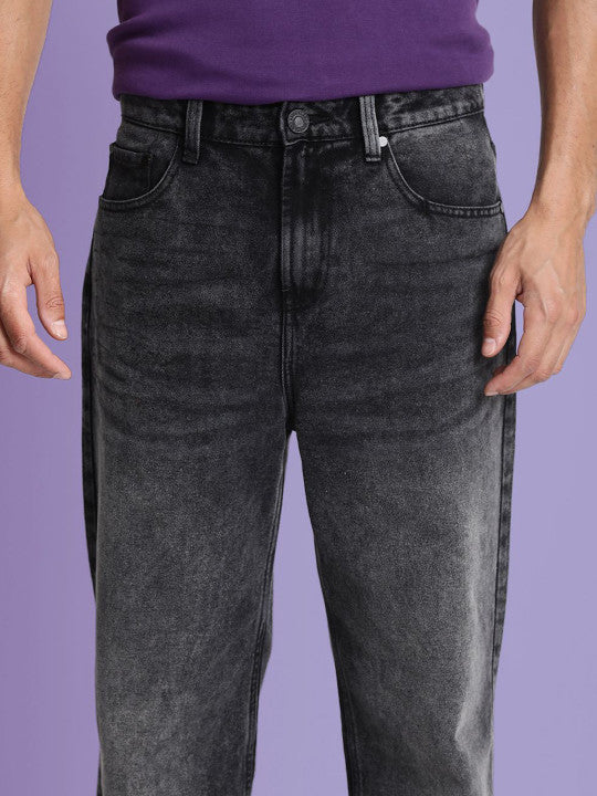 Men’s Medium Shade Heavy Fade Black Wide-Leg Cropped Jeans – 100% Cotton, Mid-Rise, 5-Pocket