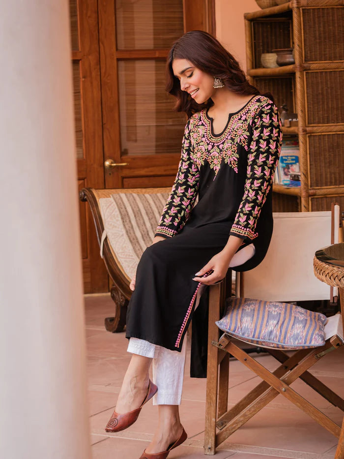 Saba Black Rayon Cotton Chikankari Long Kurti