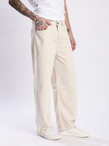 Men’s Beige Baggy Fit Mid-Rise 100% Cotton Jeans – 5-Pocket, Regular Length