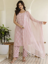 Pink & White Floral Printed Kurta with Pyjama & Dupatta – Cotton, Straight Fit, Sleeveless, Women’s Ethnic Set