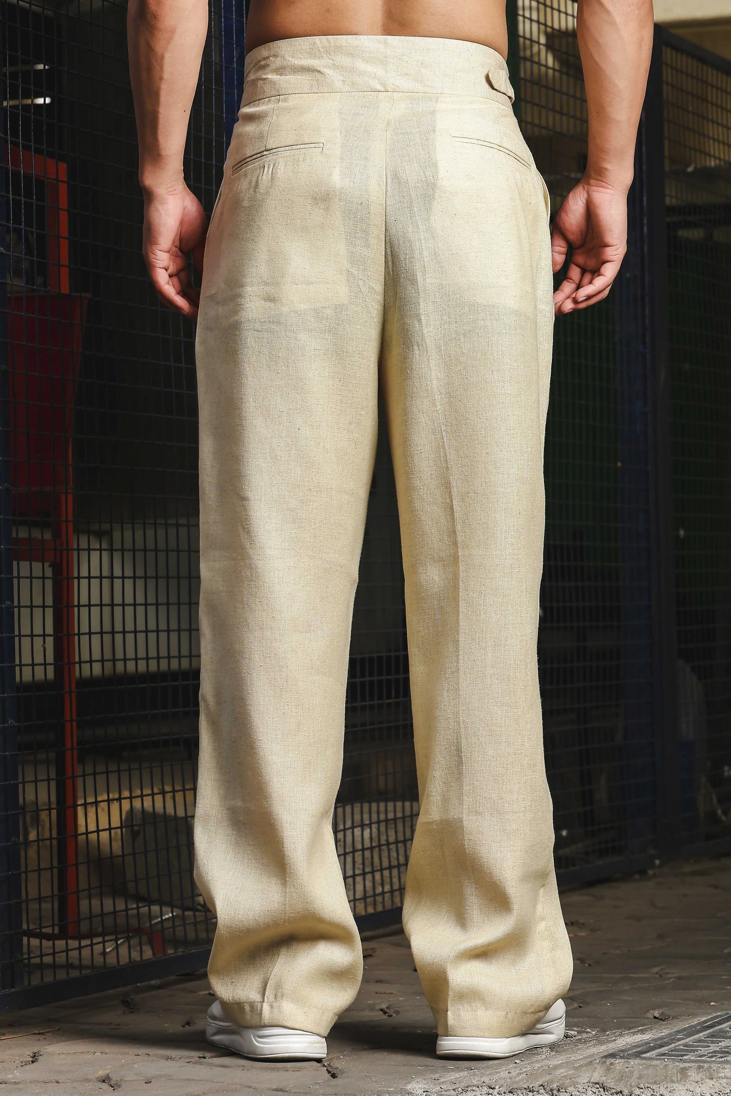 S2F Beige Solid Linen Blend Gurkha Trousers with Double Pleated Front