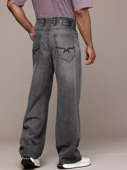 Roadster Men’s Light Shade Heavy Fade Wide Leg Black Jeans – 100% Cotton, Mid-Rise, Regular Length