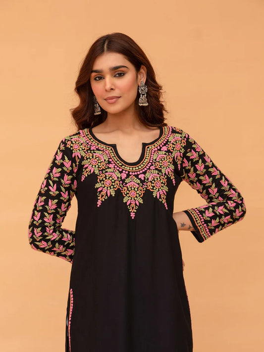 Saba Black Rayon Cotton Chikankari Long Kurti