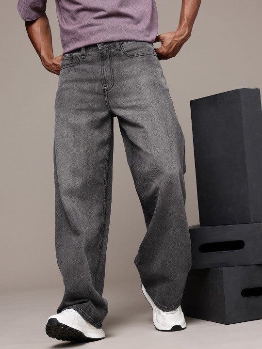 Roadster Men’s Light Shade Heavy Fade Wide Leg Black Jeans – 100% Cotton, Mid-Rise, Regular Length