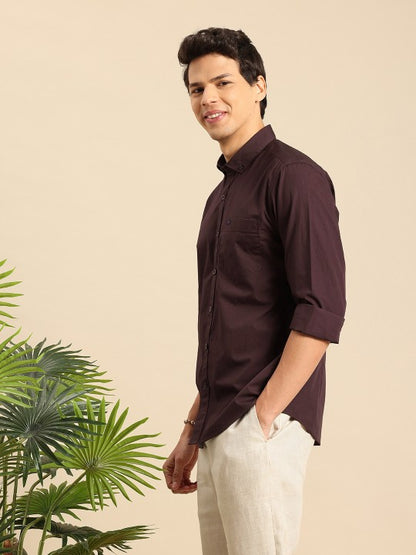 Aman Garments Men’s Coffee Brown Regular Fit 100% Cotton Casual Shirt – Spread Collar, Long Sleeves