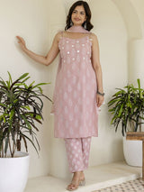 Pink & White Floral Printed Kurta with Pyjama & Dupatta – Cotton, Straight Fit, Sleeveless, Women’s Ethnic Set