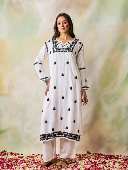 Noir Noor Muslin Chikankari Kurti – White with Black Thread Work