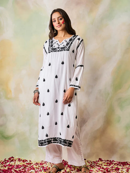 Noir Noor Muslin Chikankari Kurti – White with Black Thread Work