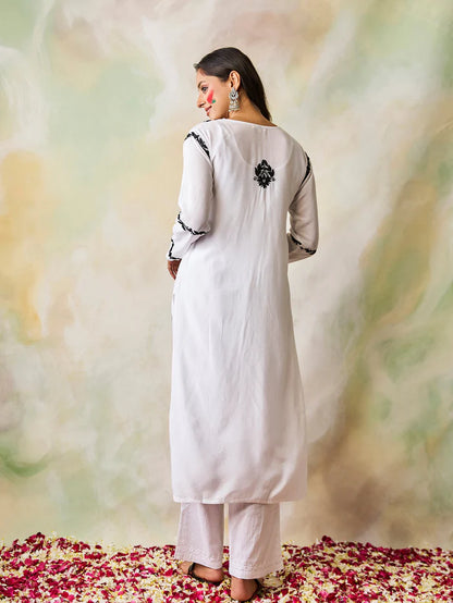 Noir Noor Muslin Chikankari Kurti – White with Black Thread Work
