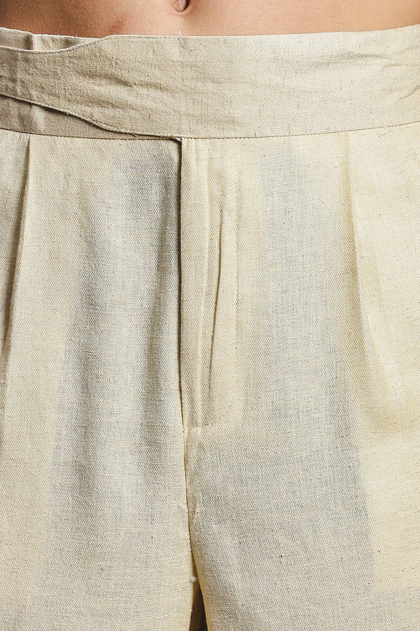 S2F Beige Solid Linen Blend Gurkha Trousers with Double Pleated Front