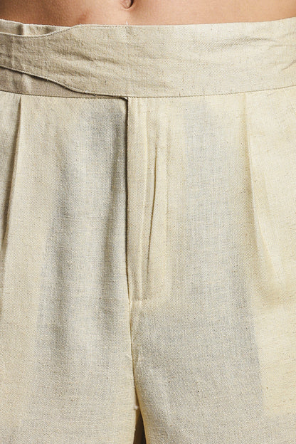 S2F Beige Solid Linen Blend Gurkha Trousers with Double Pleated Front