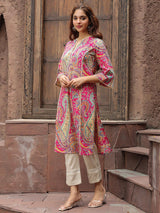 Pink, White & Green Paisley Printed A-Line Kurta – Viscose Rayon, Knee-Length, 3/4 Flared Sleeve, Women’s Ethnic Wear
