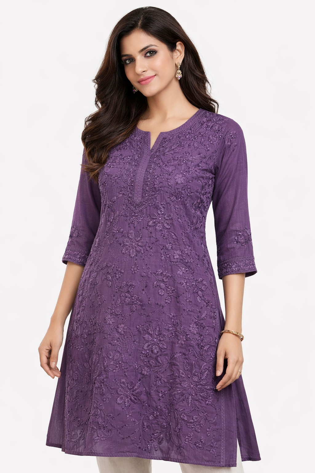 Royal Purple Chikankari Embroidered Kurti for Women