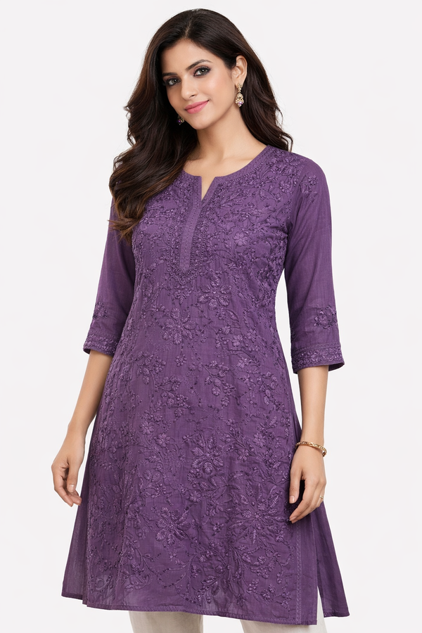 Royal Purple Chikankari Embroidered Kurti for Women