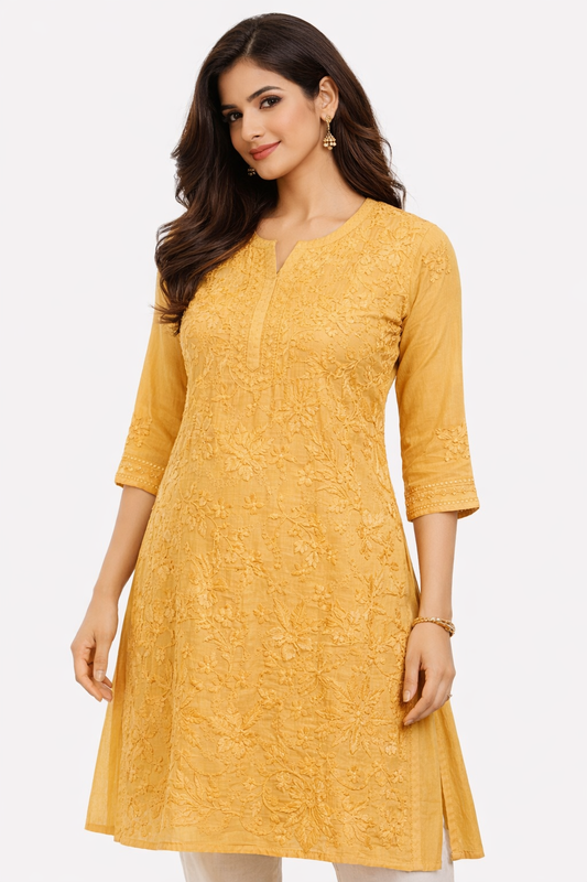 Golden Chikankari Embroidered Kurti for Women