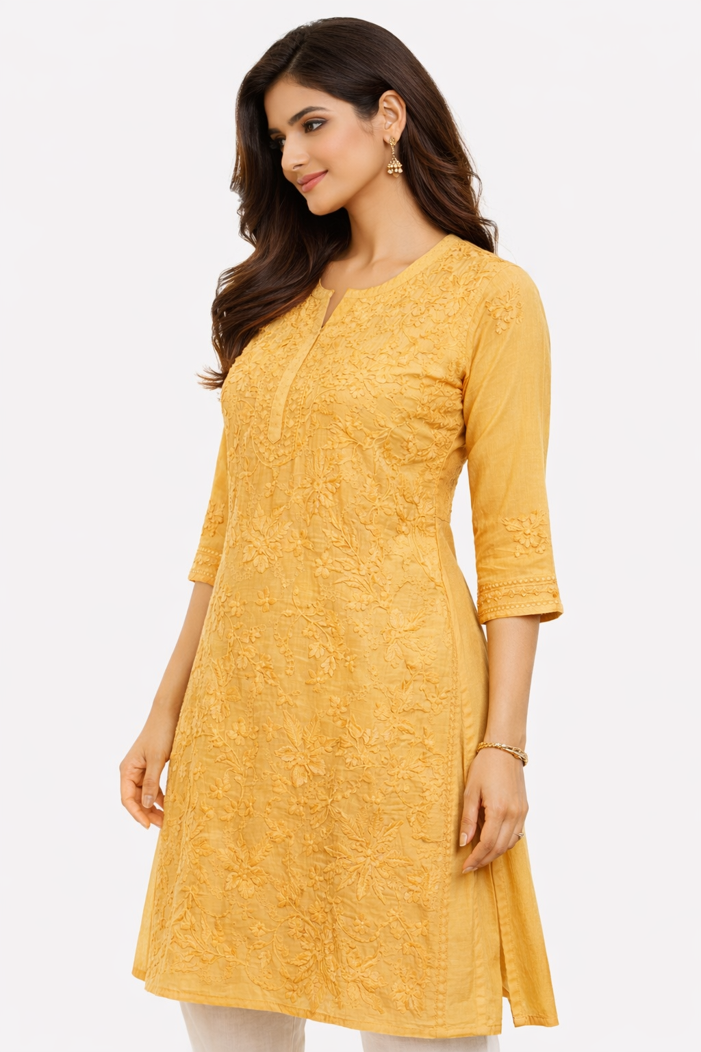 Golden Chikankari Embroidered Kurti for Women