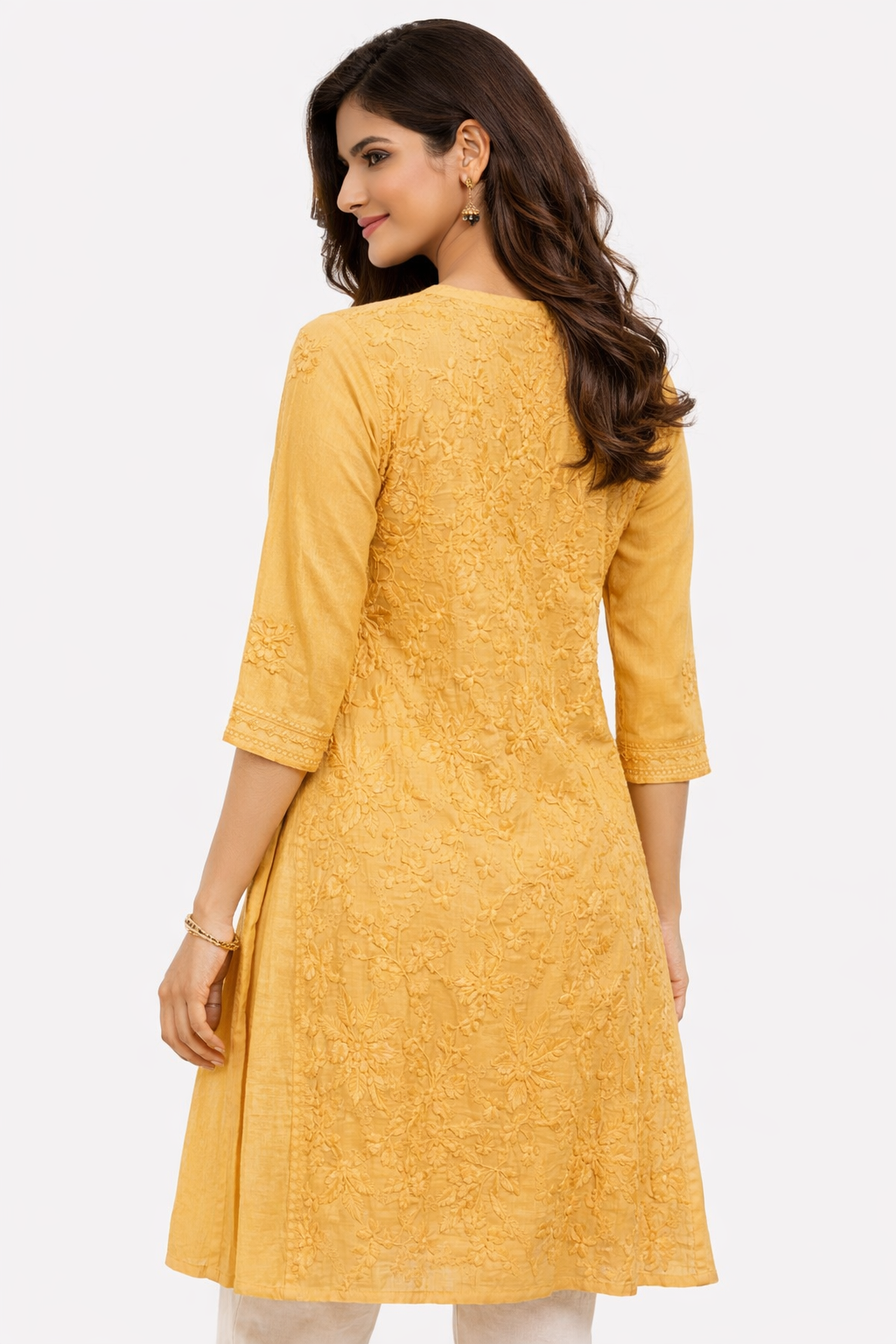 Golden Chikankari Embroidered Kurti for Women