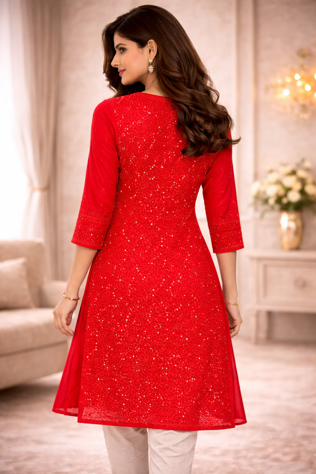 Red Embellished Festive Kurti for Women