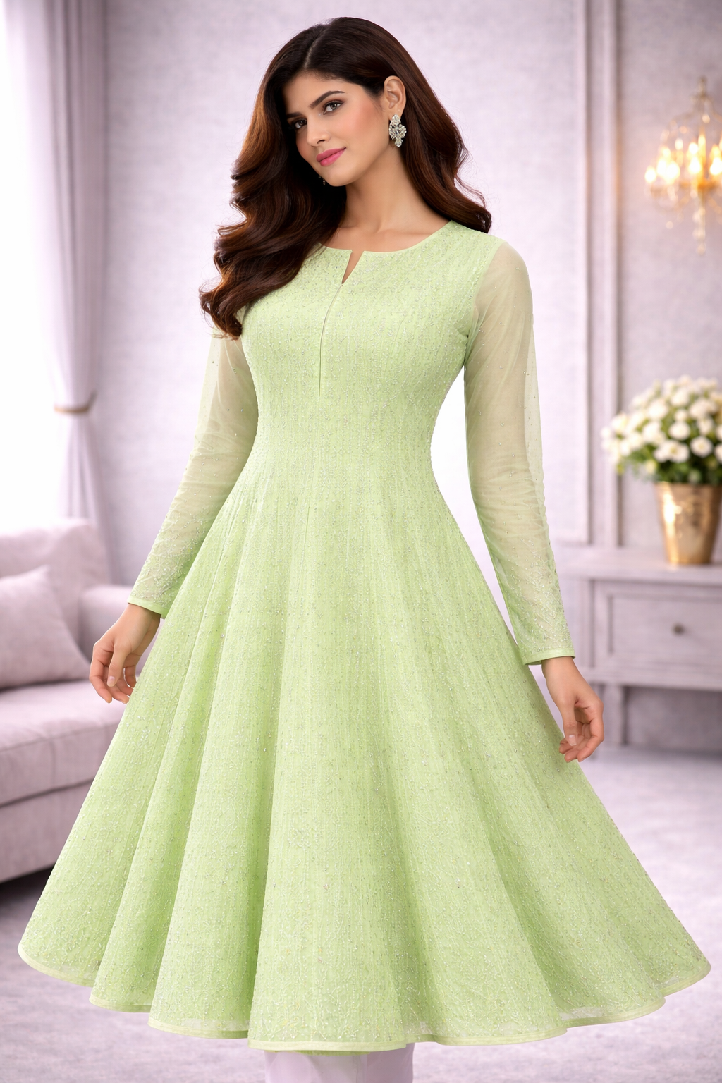 Mint Green Embroidered Anarkali Kurti for Women