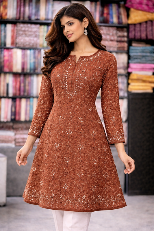Rust Brown Embroidered A-Line Kurti for Women