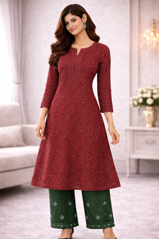 Maroon Floral Embroidered A-Line Kurti with Green Palazzo Set for Women