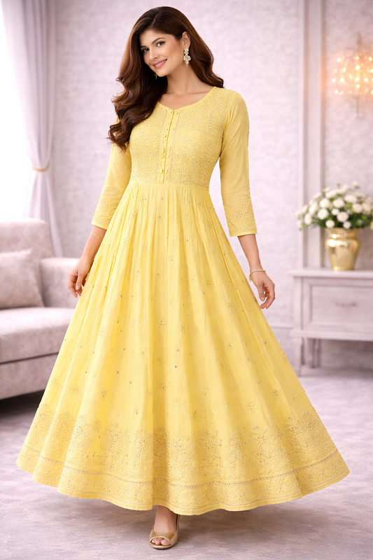 Sunshine Yellow Embroidered Anarkali Gown for Women