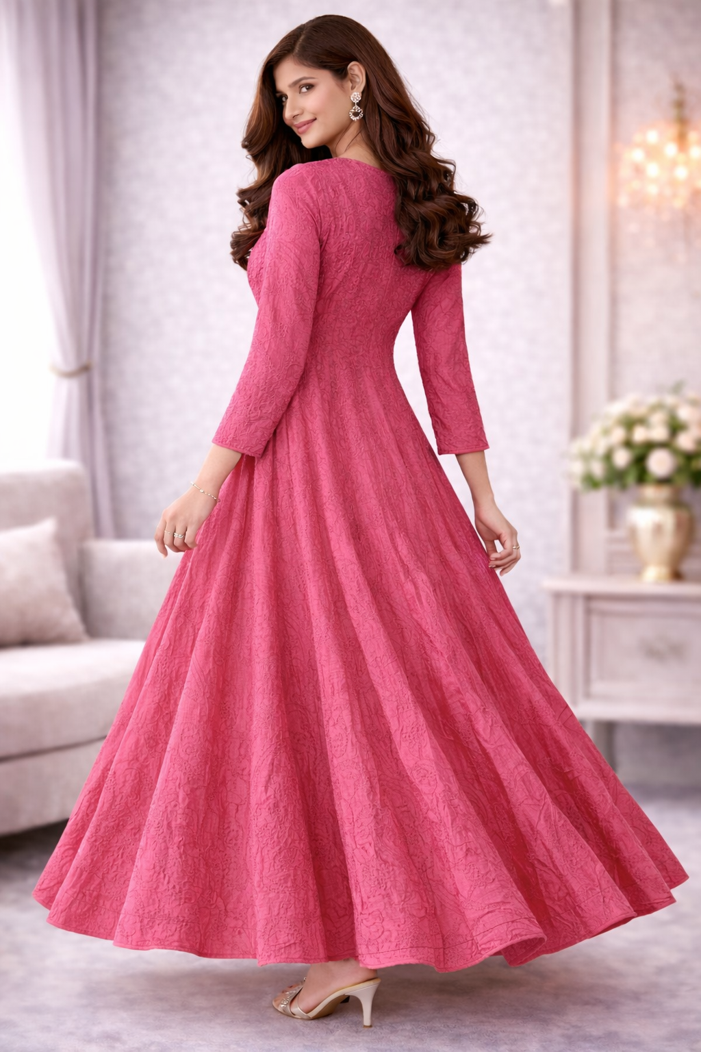 Rose Pink Embroidered Anarkali Gown for Women