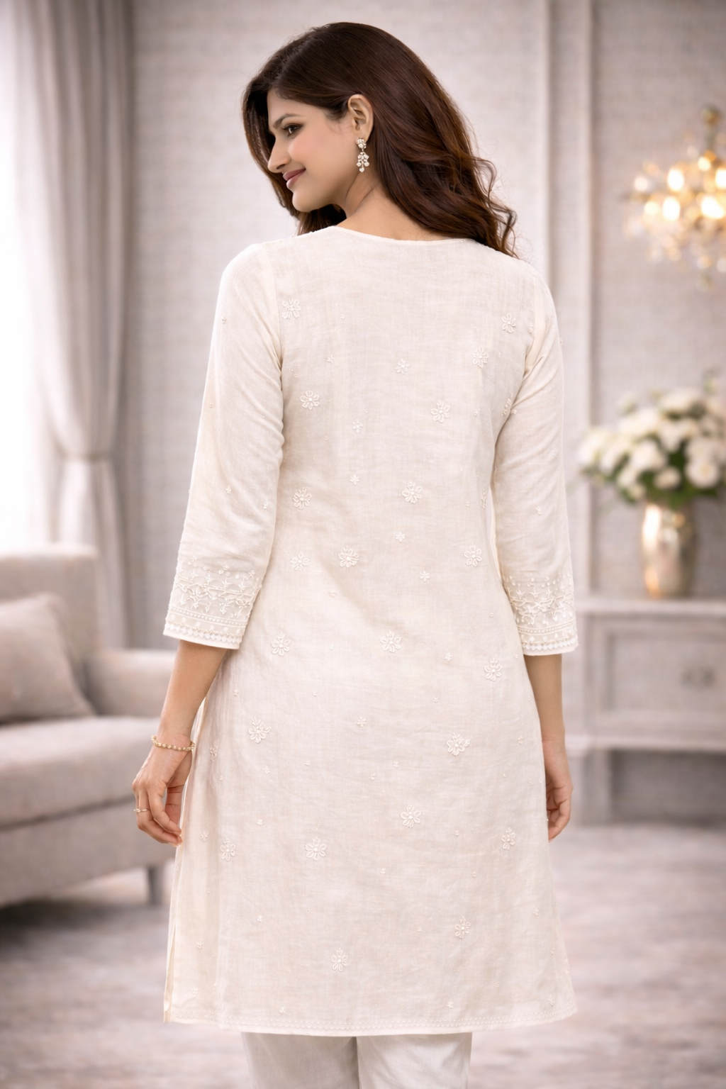 Beige Chikankari Kurti for Women