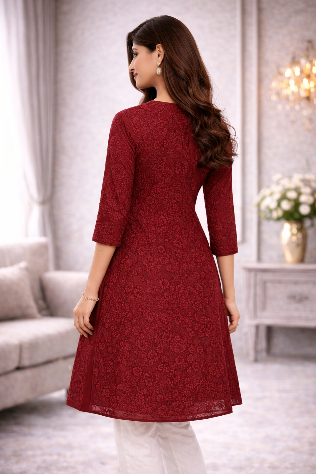 Crimson Red Chikankari Embroidered Kurti for Women