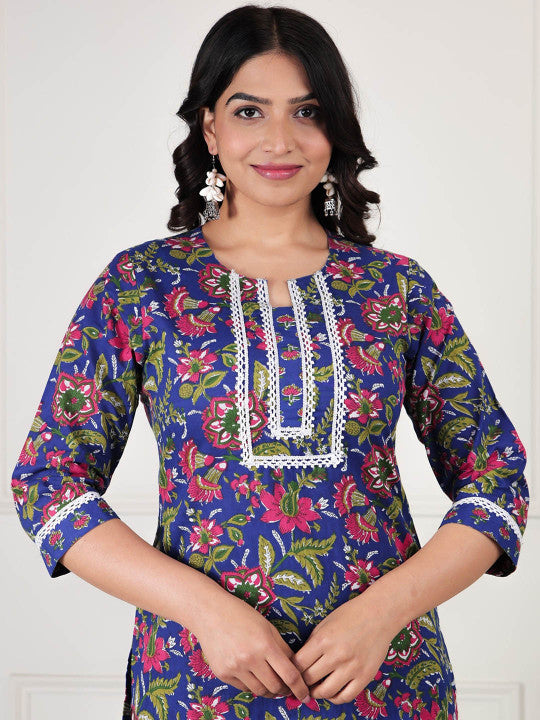 Blue Floral Printed Kurta with Patchwork – Cotton, Straight Fit, 3/4 Sleeve, Women’s Ethnic Wear
