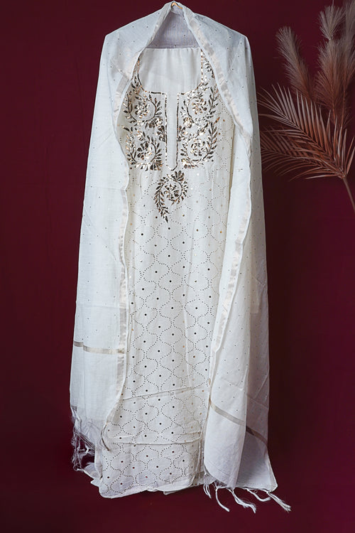 Off White Unstitched Lucknowi Chikankari 2-Piece Kurta Dupatta Set | Mal Chanderi | Kaamdaani & Mukesh Work | Bail & Buti Sleeves