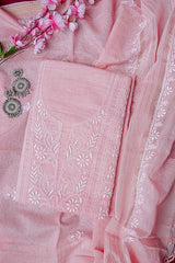 Light Peach Unstitched Lucknowi Chikankari 2-Piece Kurta Dupatta Set | Mal Chanderi | Ghaas Patti, Shadow & Fanda Embroidery | Bail & Buti Sleeves