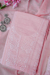 Light Peach Unstitched Lucknowi Chikankari 2-Piece Kurta Dupatta Set | Mal Chanderi | Ghaas Patti, Shadow & Fanda Embroidery | Bail & Buti Sleeves