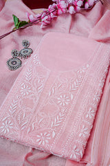 Light Peach Unstitched Lucknowi Chikankari 2-Piece Kurta Dupatta Set | Mal Chanderi | Ghaas Patti, Shadow & Fanda Embroidery | Bail & Buti Sleeves