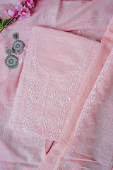 Light Peach Unstitched Lucknowi Chikankari 2-Piece Kurta Dupatta Set | Mal Chanderi | Ghaas Patti, Shadow & Fanda Embroidery | Bail & Buti Sleeves