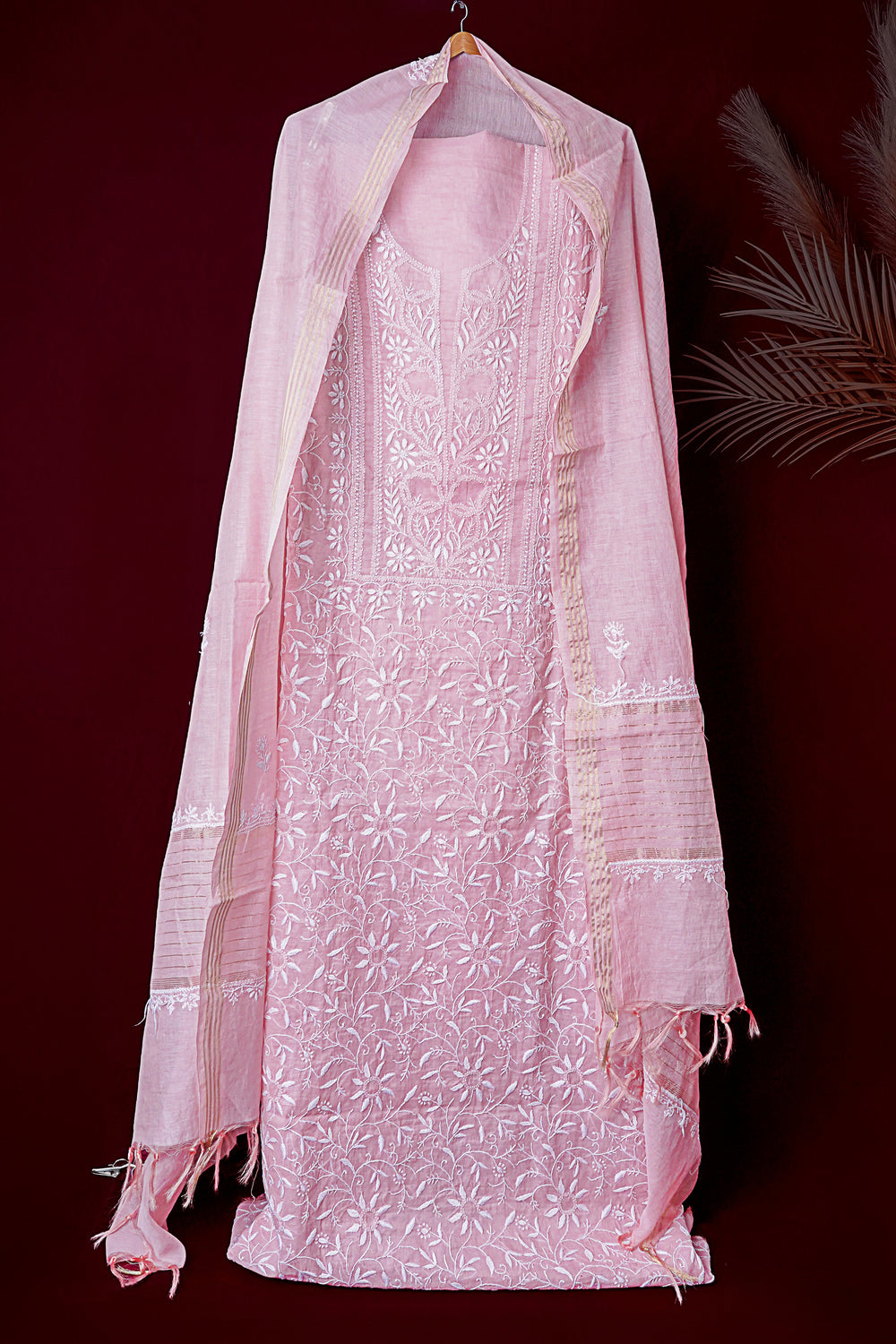 Light Peach Unstitched Lucknowi Chikankari 2-Piece Kurta Dupatta Set | Mal Chanderi | Ghaas Patti, Shadow & Fanda Embroidery | Bail & Buti Sleeves