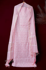 Light Peach Unstitched Lucknowi Chikankari 2-Piece Kurta Dupatta Set | Mal Chanderi | Ghaas Patti, Shadow & Fanda Embroidery | Bail & Buti Sleeves