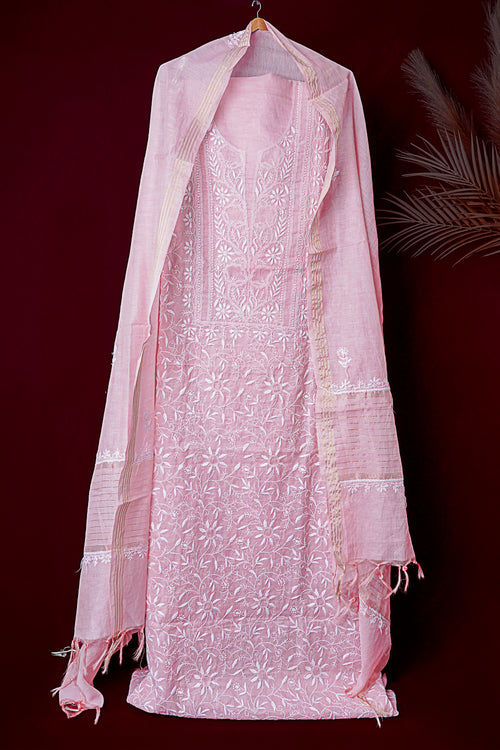 Light Peach Unstitched Lucknowi Chikankari 2-Piece Kurta Dupatta Set | Mal Chanderi | Ghaas Patti, Shadow & Fanda Embroidery | Bail & Buti Sleeves