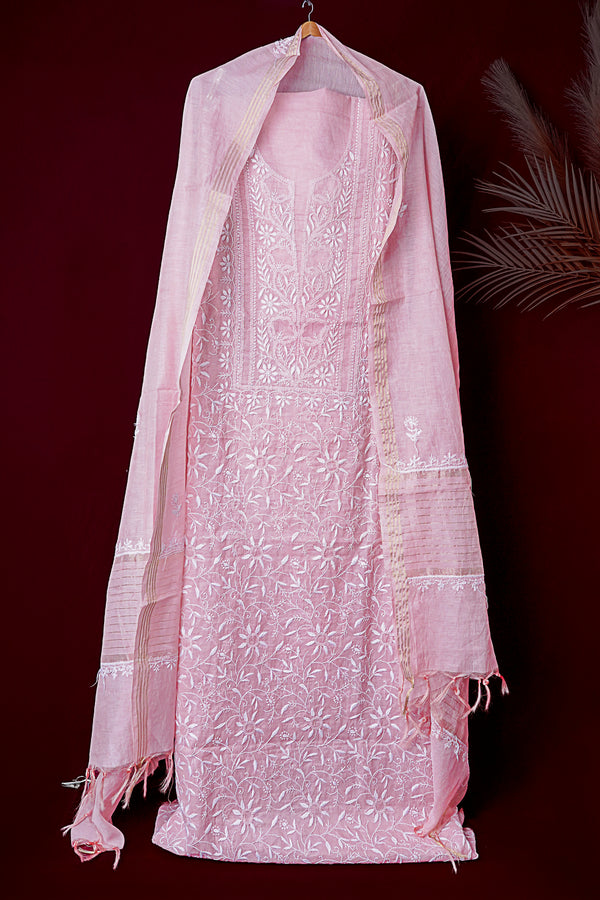 Light Peach Unstitched Lucknowi Chikankari 2-Piece Kurta Dupatta Set | Mal Chanderi | Ghaas Patti, Shadow & Fanda Embroidery | Bail & Buti Sleeves