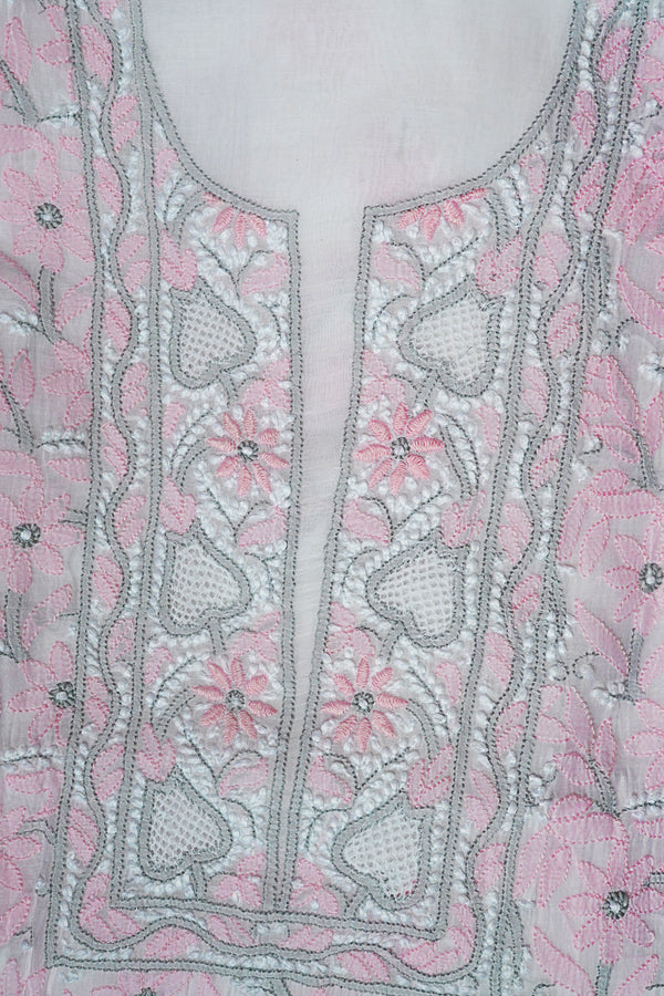 Off White Unstitched Lucknowi Chikankari 2-Piece Kurta Dupatta Set | Mal Chanderi | Ghaas Patti, Shadow & Fanda Embroidery | Bail & Buti Sleeves