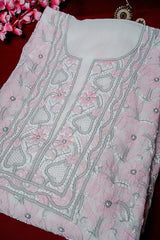 Off White Unstitched Lucknowi Chikankari 2-Piece Kurta Dupatta Set | Mal Chanderi | Ghaas Patti, Shadow & Fanda Embroidery | Bail & Buti Sleeves