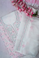 Off White Unstitched Lucknowi Chikankari 2-Piece Kurta Dupatta Set | Mal Chanderi | Ghaas Patti, Shadow & Fanda Embroidery | Bail & Buti Sleeves